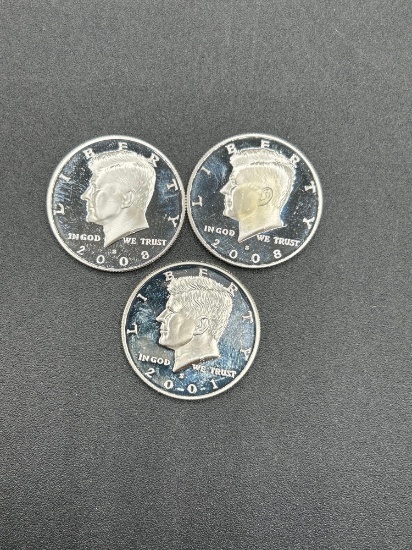 (2) 2008 (1) 2001 Silver Proof Half Dollars d-cam