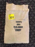 50$ U.S. Mint 1968 Lincoln head cent, still sewn shut