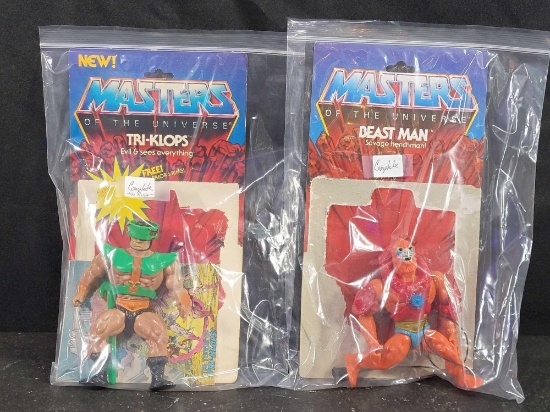 2 1980s MOTU Masters Universe Beast Man Tri-Klops Figures w Cards