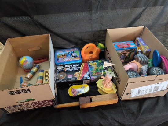 2 boxes of modern and vintage toys, Diaper U bank, tin noisemaker, globe bank