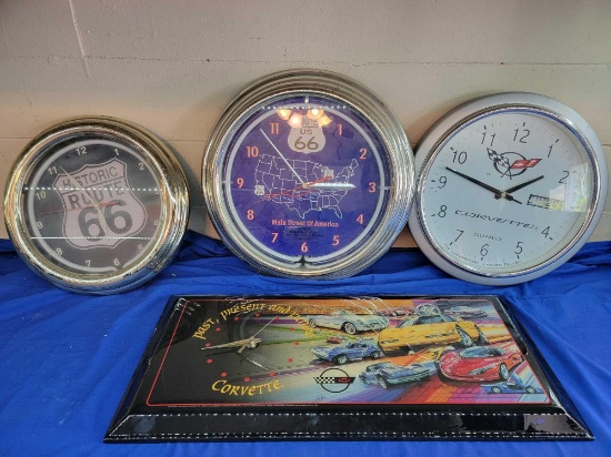 4 Wall Clocks Route US 66 & Corvette Battery Operated