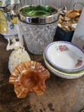 Figurine, ice bucket, canival glass bowl
