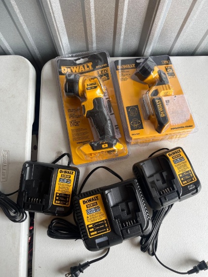 (2) DeWalt Flashlights / (3) DeWalt Battery Chargers / DeWalt Tool Bag