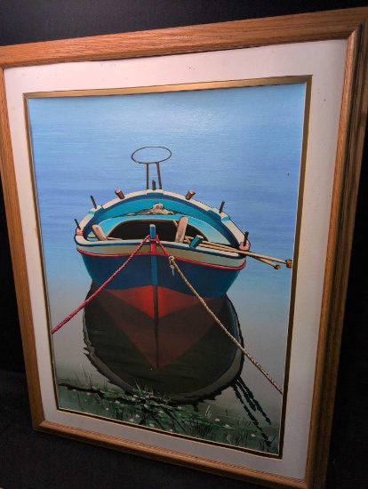 Igor Medvedev Boat tied to shore serigraph on woven paper frame