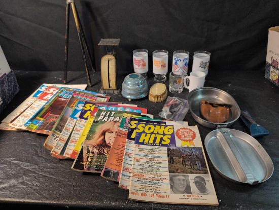 Song Hits magazines, Collectors glasses, boy scout items, scale and tripod