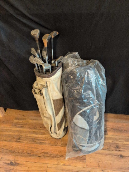 Summit Racing gold bag with Vintage The Hawk club set and bag