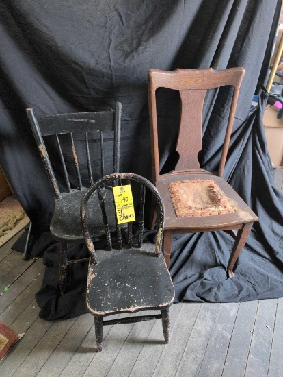 3 Assorted antique chairs, one youth size plank bottom