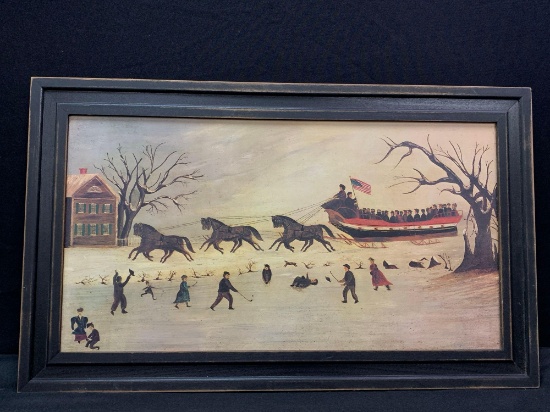 Reproduction Americana winter sleigh themed print on board