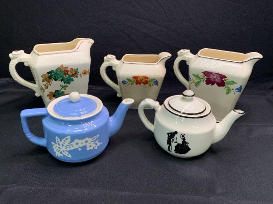 Group of vintage Harker pottery teapots, cameo and other styles