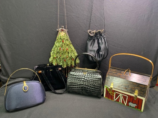 6 Designer handbags, including beaded velvet and barn bag