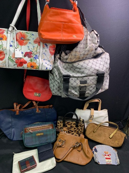 Tote of 15 assorted designer handbags, mostly Ralph Lauren