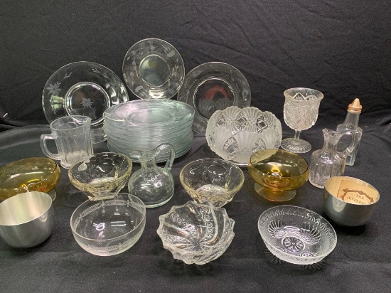 EAPG, steiff cups, wheel cut plates, candy bowl, amber bowls