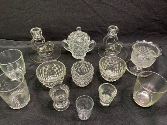 Fostoria American Block, Paden City candle sticks, turn of century shot glasses