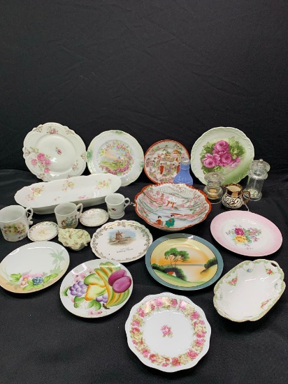 2 Boxes of hand painted china plates and saucers, mugs, Geisha bowl