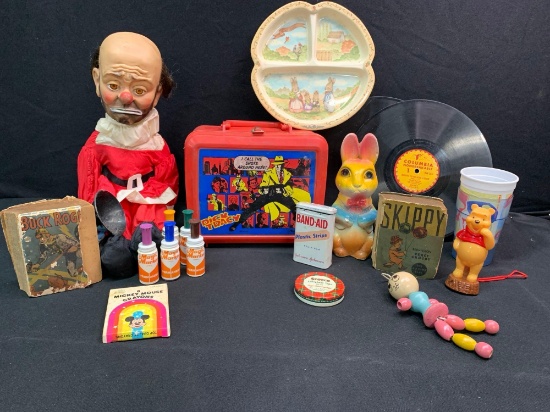 Little Big Books, Chalk rabbit bank, Emmit Kelly Doll, Dick Tracy lunch box