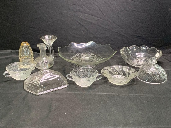 McKee panel diamond bowl, cream soup bowls, marriage covered butter, assorted pattern glass
