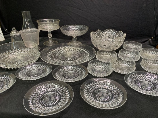 Diamond point glassware, bowl with nip, assorted pattern glass