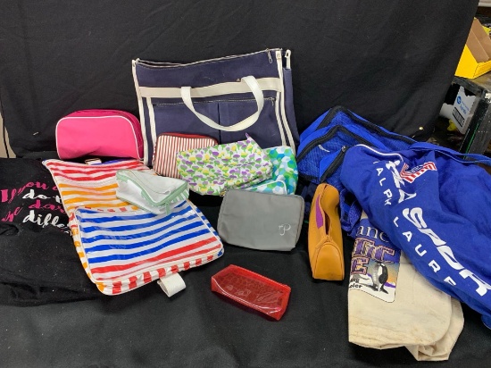 Box lot of assorted handbags and storage bags