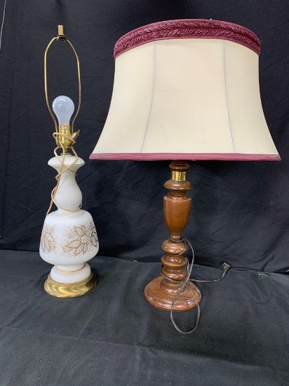 Satin glass lamp and wood turned lamp