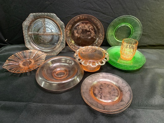 Box lot of assorted green and pink Depression dishes