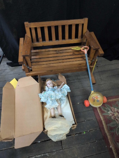 Childs wood bench, doll and pop machine toy