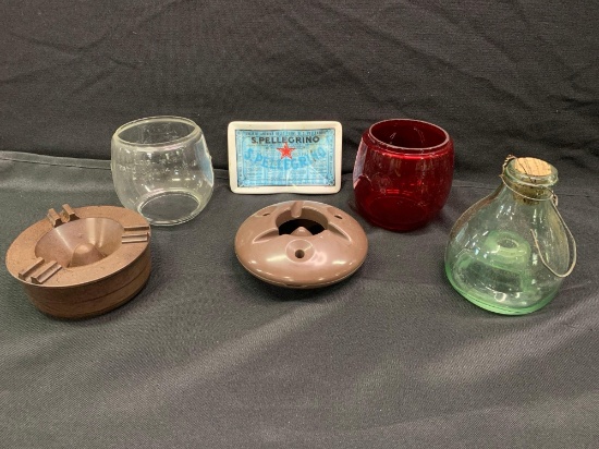 Early Deitz Railroad lantern gloves, Ash tray and minnow catch bottle