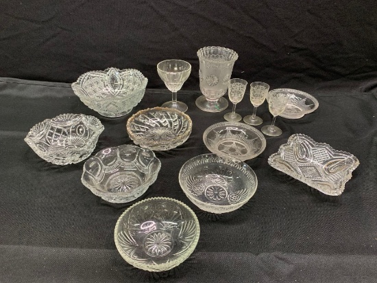 EAPG Spooner, etched Cordials, berry bowls