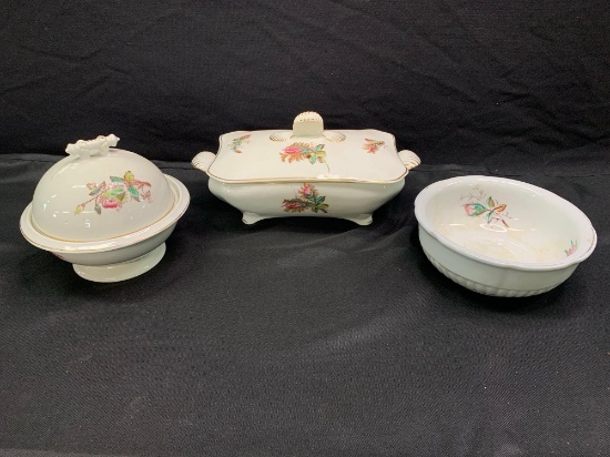Moss Rose Ironstone coverd butter, bowl and covered dish