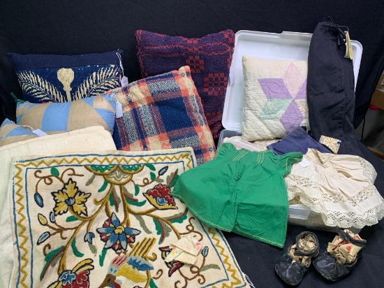Quilted pillows, vintage clothing and handywork