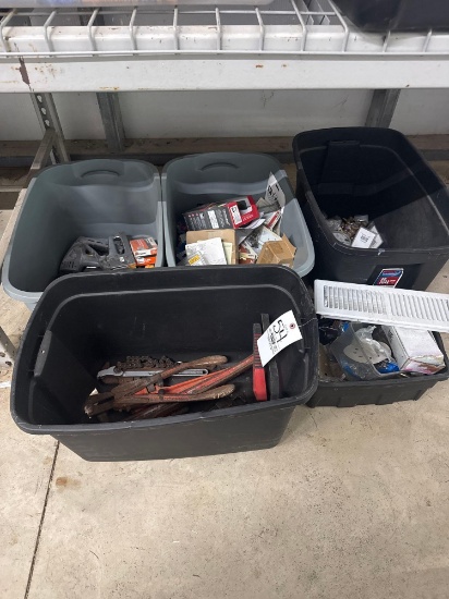 four totes of tools and hardware