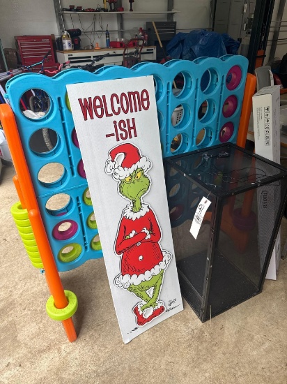Kids connect game, grinch sign and electric curtain rack