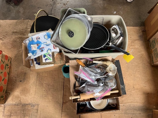 Assortment of Kitchen Items - Corellware, Pots, Pans, Flatware,