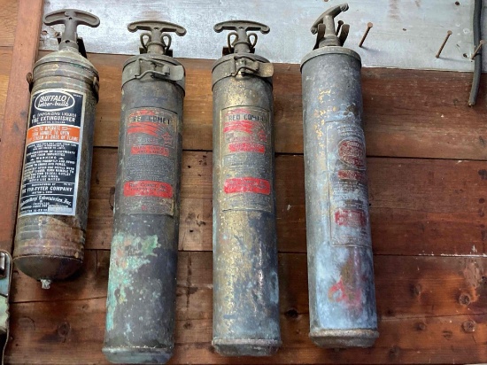 5 vintage brass fire extinguishers