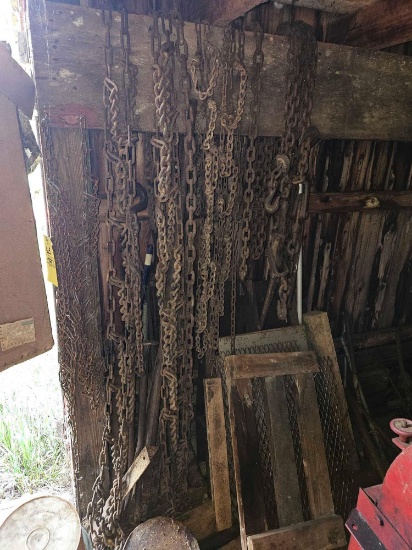 Assortment of Large Chains, Small Tire Chains and Steel