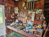 Garage Workbench & Workbench Wall Contents - Tools, Hardware, Radios, Fire Extinguishers, & more