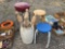 3 Stools, Cracked 6 Gal. Crock, & Wooden Posts