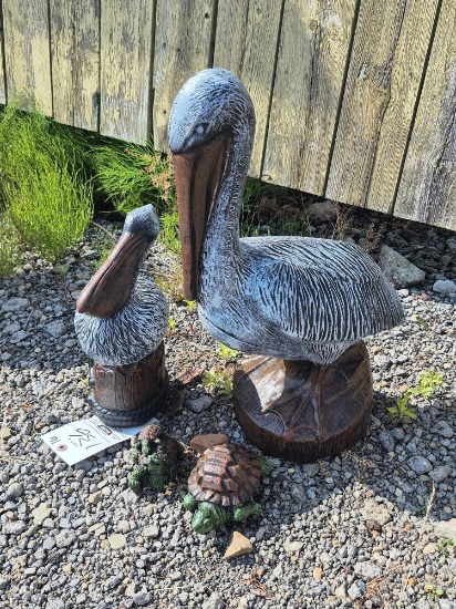 2 Concrete Pelican Statuettes & 2 Small Turtle Statuettes