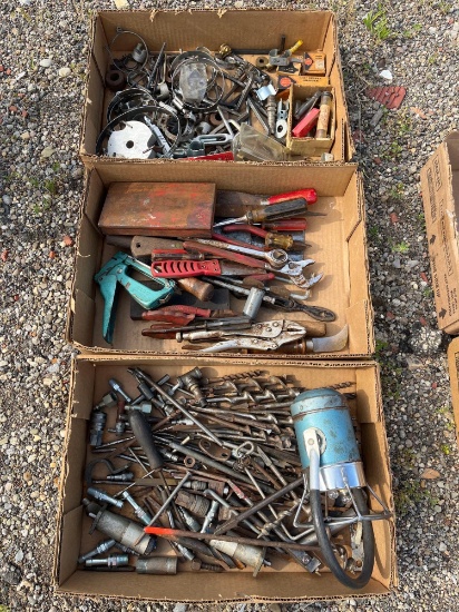 3 Boxes of Assorted Drill Bits, Hardware, & Hand Tools