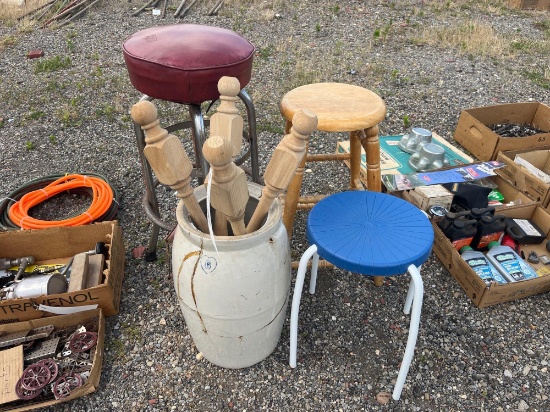 3 Stools, Cracked 6 Gal. Crock, & Wooden Posts
