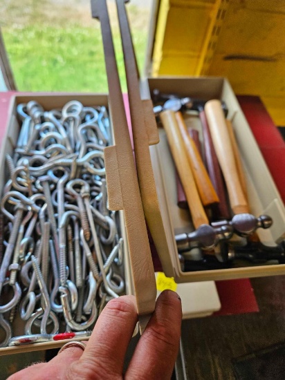 2 boxes eye hooks, hammers