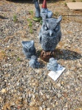 2 Concrete Owl Statuettes & 2 Small Squirrel Statuettes