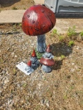 Concrete Mushroom Statuette & 3 Small Gnome Statuettes