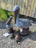2 Concrete Pelican Statuettes & 2 Small Turtle Statuettes