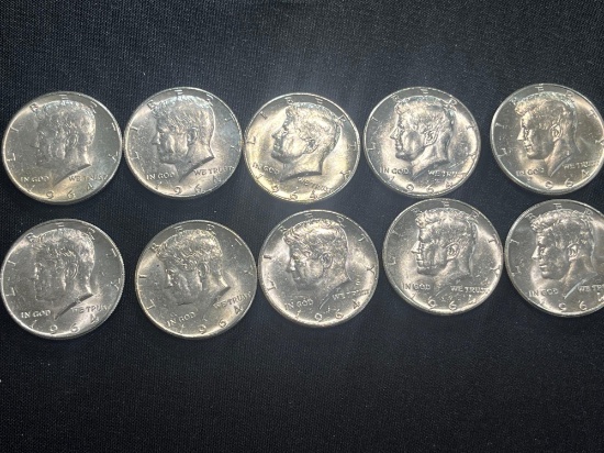 (10) 1964 Kennedy Half Dollars