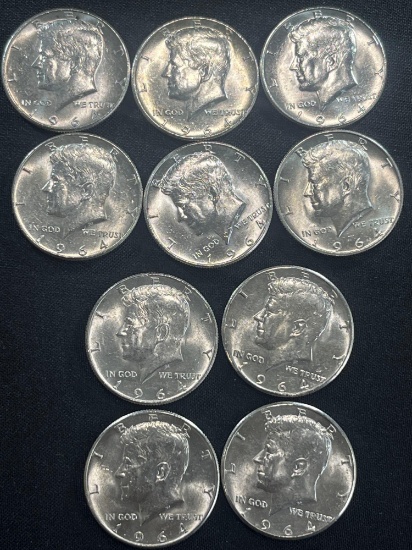 (10) 1964 Kennedy Half Dollars