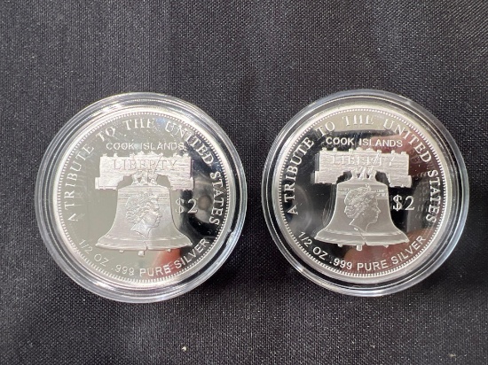(2) 1/2 Oz Pure .999 Silver Double Eagle Cooks Island Coins