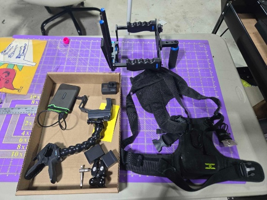 GoPro black 7, GoPro battery refuel, clamp, battery pack, neewer video stabilizer, chest harness