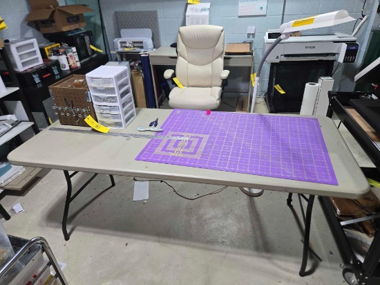 6ft Folding table, craft items, floor lamp