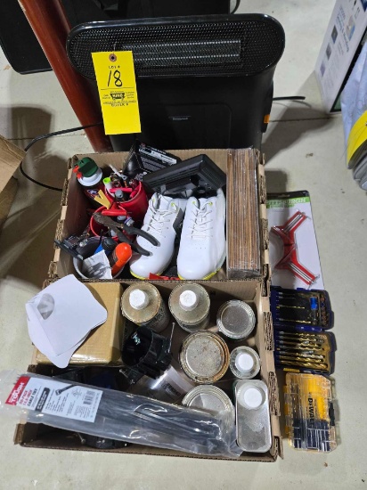 Honeywell heater, handtools, assorted fluids/exopy, size 12 mens hold shoes