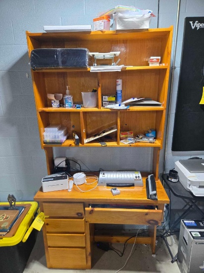 Desk with contents, label printer, Scotch TL901, desk items